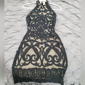 Sexy High Neck Black and Nude Mini Dress Size Medium